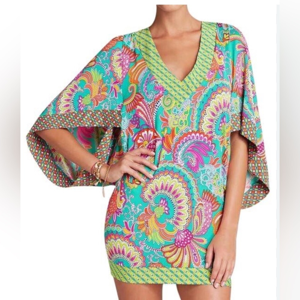 Trina Turk Folkloric Festival  Kaftan Tunic Dress Cover Up Multicolor EC Large